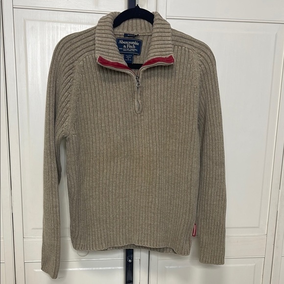 Abercrombie & Fitch Men's Muscle Pullover 1/4 Zip Tan Khaki Sweater Size XL Knit - Picture 1 of 11